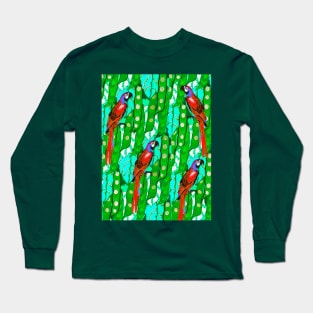 RED MACAWS ,BLUE GREEN LEAVES,TROPICAL PLANTS FLORAL PATTERN Long Sleeve T-Shirt